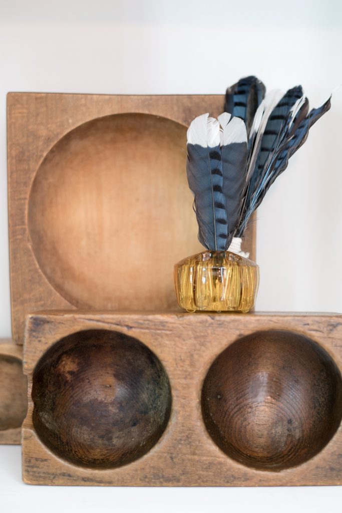 Vintage wood and bluejay feathers - How to bring drama into your home without the DRAMA – cozy living | Vinyet Etc