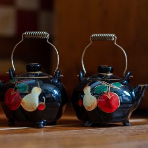 Vintage Salt and Pepper Shakers - Black tea pots with hand painted fruit